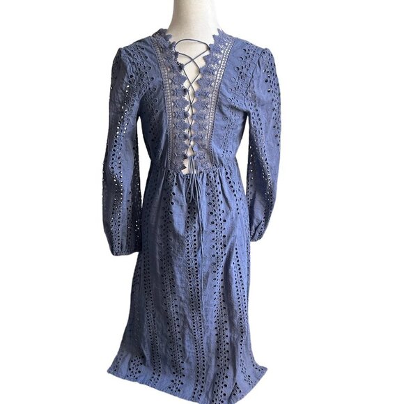 BARDOT Blue Eyelet Long Sleeve Maxi Dress US 6. - Picture 5 of 11